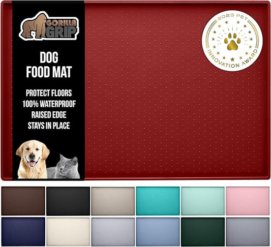 GORILLA GRIP 100% Waterproof Raised Edge BPA Free Silicone Pet Feeding Mat, Dog Cat Food Mats Contain Spills Protects Floors, Placemats for Cats and Dogs Water Bowl, Pets Accessories 16x10, Red
