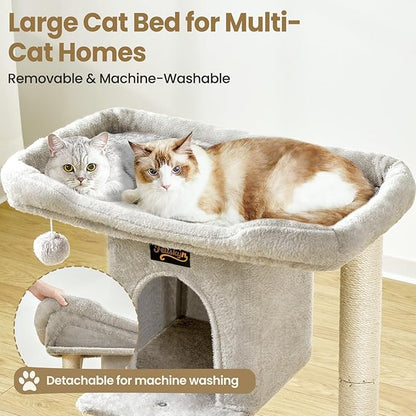 Cat Tree Tower Scratching Post for Indoor Large Cats, Small Cat Tree with Big Perch Bed, 28in Tall Trees House with Condo Cave, Toy Balls, Modern Climbing Furniture Platform for Kitten (Light Gray)