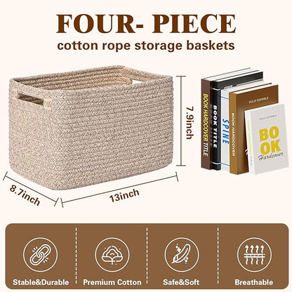 Storage Baskets for Organizing, 4 Pack Baskets for Shelves, Decorative Storage Bins for Shelves, Cotton Rope Storage Basket with Handles, Woven Basket for Storage, 13''Lx8.7''Wx7.9''H, Brown