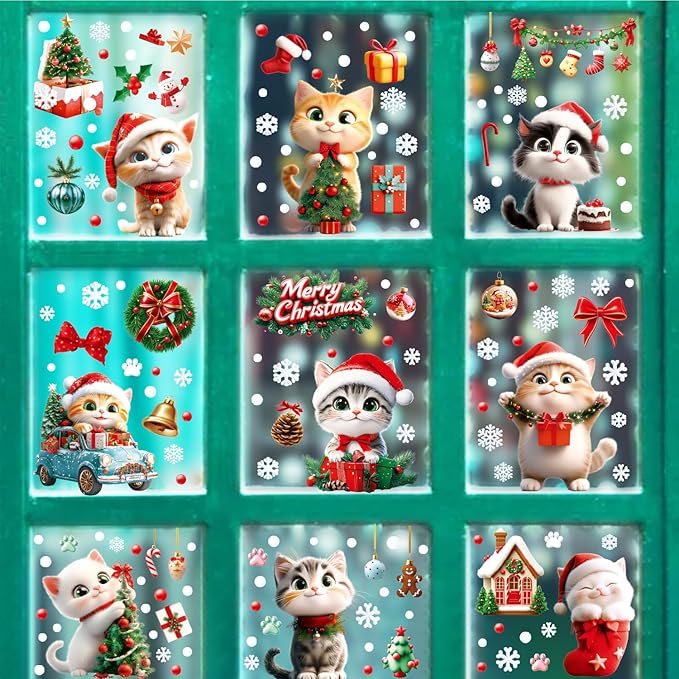 Christmas Window Clings Cat Stickers for Window Glass, 9 Sheets Xmas Decorations Christmas Cat Tree Bells Decals for Holiday Party(Cat2340)