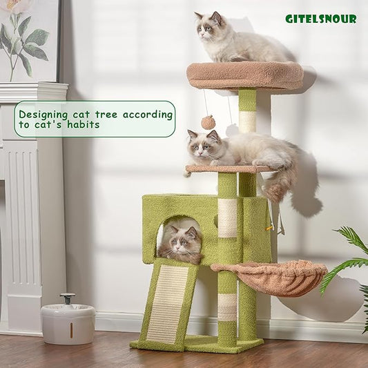 Gitelsnour Cat Tree, 41.3" Cat Tower for Indoor Kittens with Scratching Board and Posts, Multi-Level Cozy Cat Condo with 2 Perches, Hammock, Balls, Green and Yellow GCT005SGY