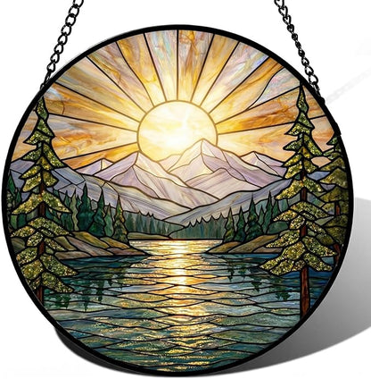 Sanwarm Stained Glass Window Hanging, Mountain Sunrise Lake Suncatcher Window Decor for Indoor Home Sun Catcher Ornament, Mother’s Day & Birthday Gift for Women, Men, Mom & Nana, 7.8 in