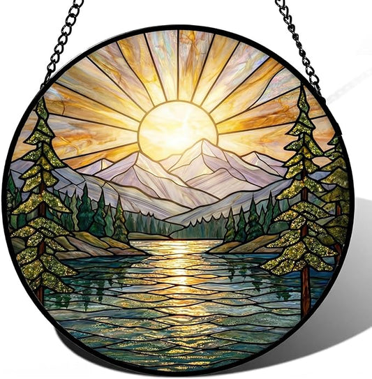 Sanwarm Stained Glass Window Hanging, Mountain Sunrise Lake Suncatcher Window Decor for Indoor Home Sun Catcher Ornament, Mother’s Day & Birthday Gift for Women, Men, Mom & Nana, 7.8 in