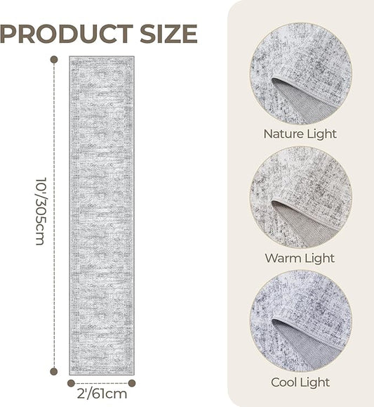 Long Bathroom Rugs Runner - Washable Runner Rugs for Hallway 2x10, Ultra-Thin Soft Kitchen Carpet Runner, Anti Slip Backing Runner Rugs for Entrance, Bedroom, Living Room(2'x10', Grey/Ivory)