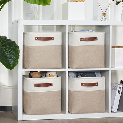 DULLEMELO 11 inch Cube Storage Bins, Large Collapsible Grey Storage Baskets for Square Cubes Organizing, Fabric Boxes Bins for Shelves Nursery Home Office Storage(4 Pack - 11" White&Khaki)