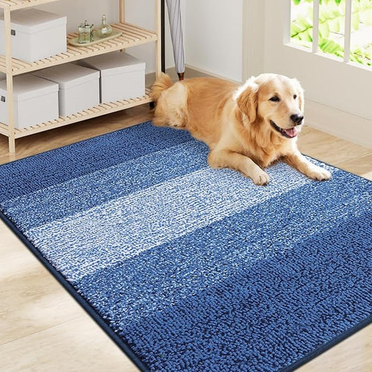 Smiry Dog Door Mat for Muddy Paws, Absorbs Moisture and Dirt, Low-Profile Entryway Mat with Non-Slip Backing, Entry Indoor Outdoor Doormat for Inside Floor (40x32 Inches, Navy Blue, Striped)