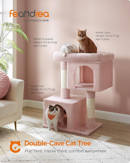 Feandrea Cat Tree, 40.6-Inch Cat Tower, Plush Condo for Extra Large Cats up to 44 lb, Large Perch, 2 Caves, Scratching Post, Jelly Pink UPCT614P01