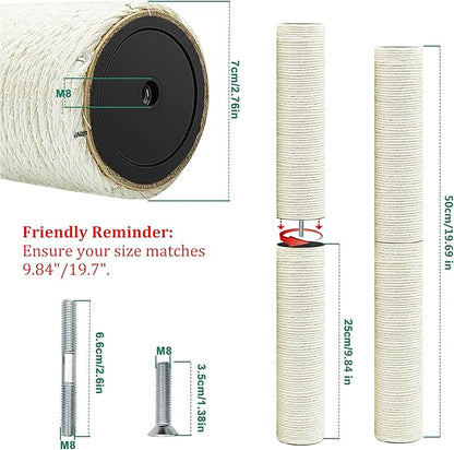 Cat Tree Replacement Post, 2 Pack 9.84in (Connectable to 19.7in/50cm) Cat Scratching Post with M8 Screws, Natural Sisal Cat Tower Parts for Cat Tree Repair