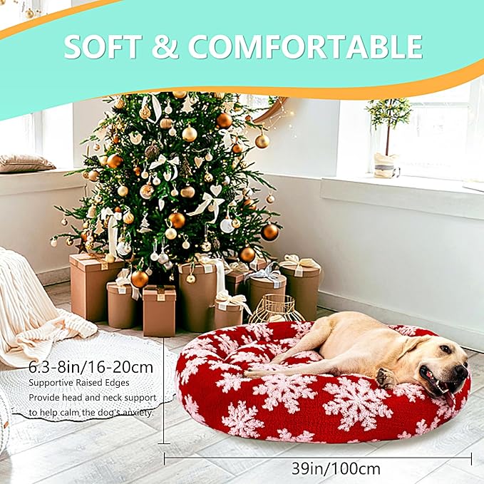 39 Inch Christmas Snowflakes Calming Dog Bed for Large Dogs, Round Anti-Anxiety Warm Bed, Soft Cozy Anti-Slip Donut Washable Pet Bed, Fits up to 100 lbs Pets