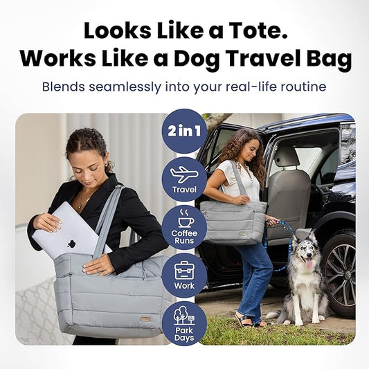 rubyloo Puffer Dog Travel Bag for Dog Moms – Doggy Diaper Bag with Pet Bowls & Food Storage or Everyday Puffy Tote – Doggy Mom Gifts for Women – Lightweight, Travel-Ready Gift for Pet Lovers - Grey