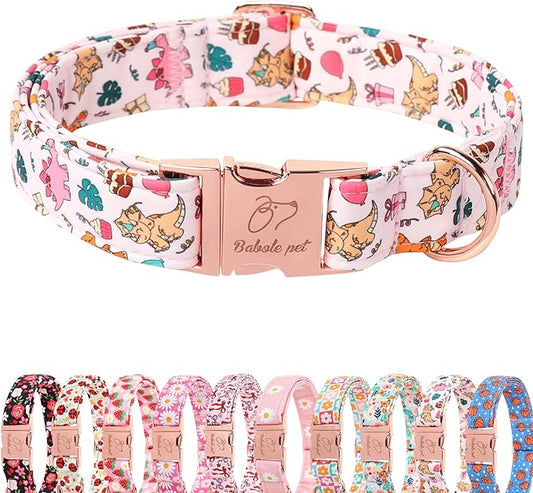 Cute Dinosaur Dog Collar - Adjustable Cartoon Girl Dog Collars for Puppy & Tiny Dogs, Heavy Duty Metal Buckle Pet Collar, Pink Dino, XS
