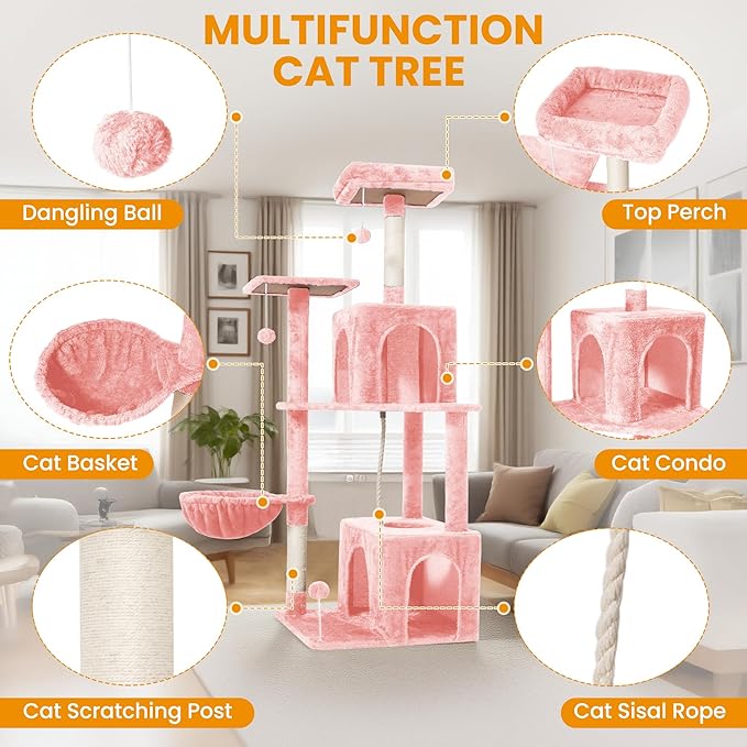 Cat Tree, 54-Inch Cat Tower for Indoor Cats, Soft Plush Multi-Level Climbing Cat Condo with Scratching Posts, Basket, Perches,2 Caves,2 Pompoms Play House for Cat(Pink)