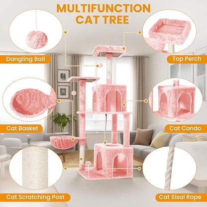 Cat Tree, 54-Inch Cat Tower for Indoor Cats, Soft Plush Multi-Level Climbing Cat Condo with Scratching Posts, Basket, Perches,2 Caves,2 Pompoms Play House for Cat(Pink)