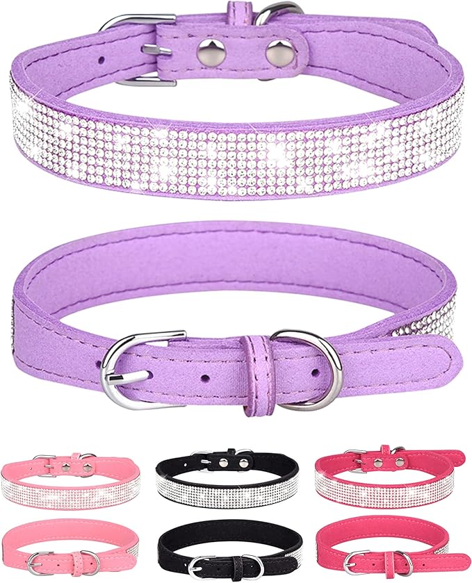 Bling Dog Collar for Small Medium Large Dogs, Rhinestone Dog Collars for Girl and boy Dog, Diamond Puppy Collars, Adjustable Leather Suede SOFE Cat Collar (M(13"-15.4"/33CM-39CM), Purple1)