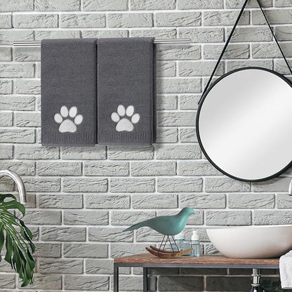 2 Pcs Dog Paw Hand Towels Dark Grey Bathroom Decor 13 x 29 Inch 100% Cotton Embroidered Hand Towels Soft Absorbent Farmhouse for Kitchen Restroom