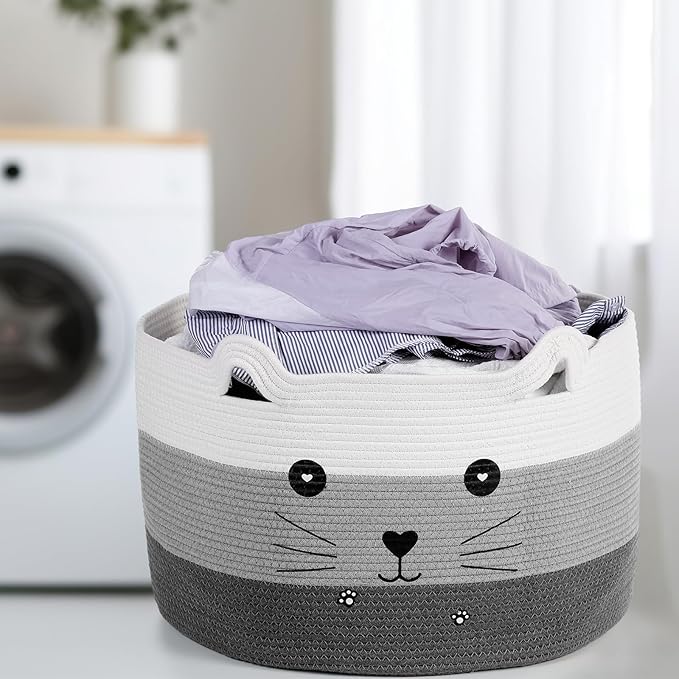 Zopeal Cat Basket Storage Woven Organizer with Ears Easter Decorative Pet Toy Cute Cotton Rope Basket for Gift Cat Dog Toy Bin Nursery Room(21.7 x 13.8 Inch,White, Light Gray and Gray)
