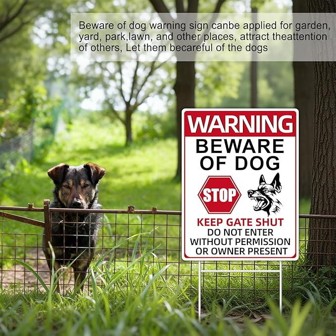 Beware of Dog Signs, 2 Pack 13"x10" Double-Sided Signs, Corrugated Plastic, H-Stake Metal Stakes, Dog Signs for Yard, Garden and Yard Wall Decor, Beware of Dog Signs for Fence