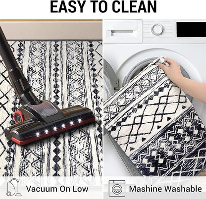 KUTA Boho Runner Rug for Hallway 2.6x14 Moroccan Washable Black Navy Blue Rugs Non-Slip Vintage Long Kitchen Runners Soft Geometric Floor Carpet for Bedroom Laundry Living Room