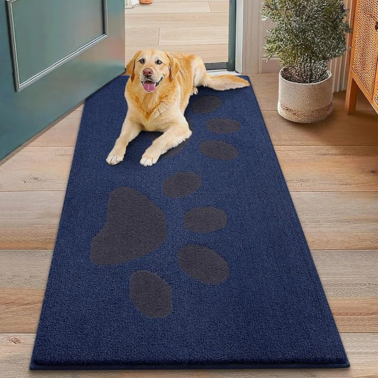 Smiry Dog Door Mat for Muddy Paws, Absorbs Moisture and Dirt, Low-Profile Entryway Mat with Non-Slip Backing, Entry Indoor Outdoor Doormat for Inside Floor (48x30 Inches, Navy Blue, Paw)