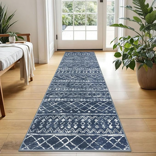 KUTA Boho Kitchen Rugs 2x5 ft Navy Blue Moroccan Washable Runner Rug Non-Slip Vintage Hallway Runners Ultra Soft Distressed Geometric Floor Carpet for Bedroom Laundry Living Room