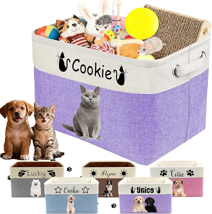 Personalized Dog Cat Toy Storage Basket with Pet's Name Custom Foldable Storage Box with Handles for Blankets Pet Stuff, Toys, Clothes