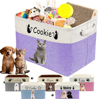 Personalized Dog Cat Toy Storage Basket with Pet's Name Custom Foldable Storage Box with Handles for Blankets Pet Stuff, Toys, Clothes