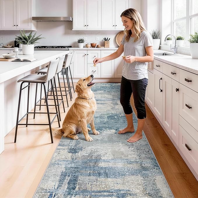 2.6x12 Extra Long Runner Rug Blue Grey Abstract: Washable Non-Slip Hallway Carpet for Entryway - Soft Thin Low Pile Floor Mat for Long Hallways, Custom Length 2.6x12 Blue