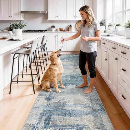 2.6x12 Extra Long Runner Rug Blue Grey Abstract: Washable Non-Slip Hallway Carpet for Entryway - Soft Thin Low Pile Floor Mat for Long Hallways, Custom Length 2.6x12 Blue