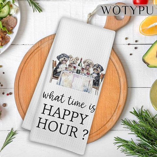 Funny Dog Gift Kitchen Towels, Dog Gifts for Women Men Dish Tea Towel, What Time is Happy Hour Hand Towels for Kitchen Dining Room Decor, 16x24 Inch