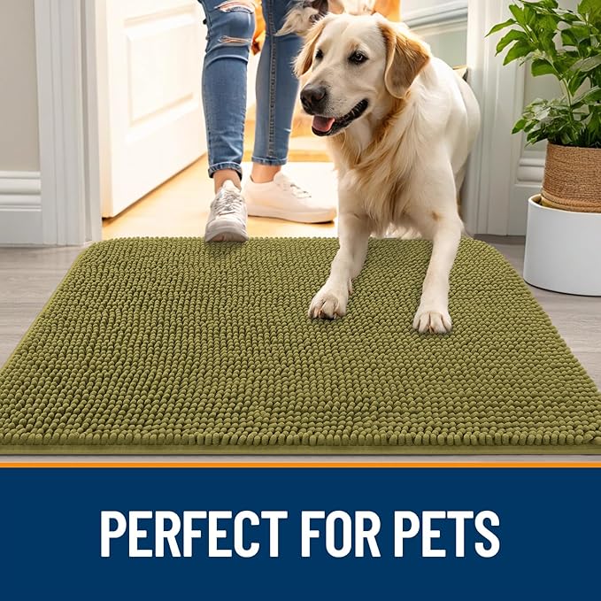 OLANLY Dog Door Mat for Muddy Paws 47x32, Absorbs Moisture and Dirt, Absorbent Non-Slip Washable Doormat, Quick Dry Chenille Mud Mat, Entry Indoor Entryway Carpet for Inside Floor, Willow Green