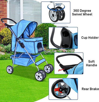 4 Wheels Pet Stroller for Dog and Cat Stroller, Lightweight and Foldable Carrier Strolling Cart W/Cup Holders Removable Liner for Small and Medium Dog Cat - Blue