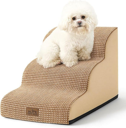 Dog Stairs for Small Dogs 15.7" H, Curved Dog Step for Puppy, Older Cat, Medium Pet Ramp for Sofa, Couch or Chair, Ladder with High Density Foam, 3 Step, 15.7x22.4x15.7 inch, Light Brown