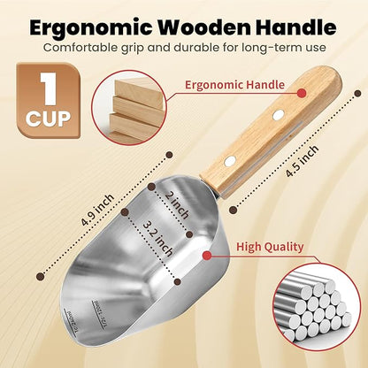 Dog Food Scoop 1 Cup,304 Stainless Steel Cat Food Scoop with Long Wooden Handle,Dog Food Measuring Cup with Precision Scale for Pet Food Rice Flour