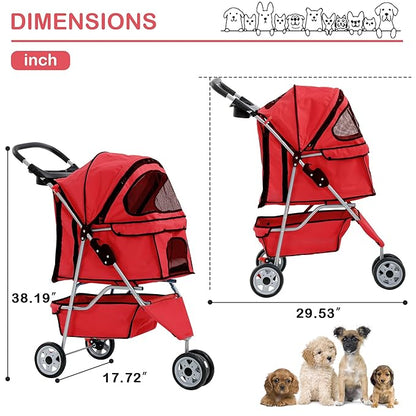 3 Wheels Dog Stroller, Foldable Pet Stroller for Small Medium Dogs, Portable Breathable Cat Stroller Dog Strollers with Storage Basket, Cup Holders, Removable Liner for Travel & Outdoor Use, Red