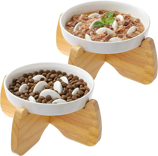 Raised Slow Feeder Cat Bowl with Stand, 6.3'' Wide Ceramic Elevated Shallow Slow Eating Cat Bowl for Dry/Wet Food, Anti-Vomiting Pet Puzzle Feeder, Whisker Friendly, Dishwasher Safe (2 Pack)