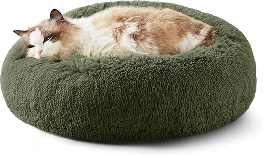 Bedsure Calming Cat Beds for Indoor Cats - Small Cat Bed Washable 20 inches, Anti-Slip Round Fluffy Plush Faux Fur Pet Bed, Fits up to 15 lbs Pets, Rifle Green