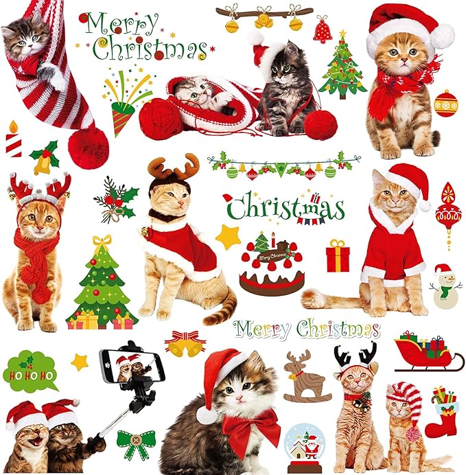 Christmas Window Clings Cat Stickers for Window Glass, 126 PCS 9 Sheets Xmas Decals Decorations Christmas Cat Tree Bells Decals for Holiday Party