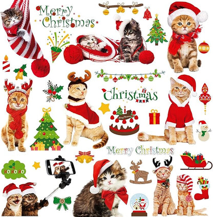 Christmas Window Clings Cat Stickers for Window Glass, 126 PCS 9 Sheets Xmas Decals Decorations Christmas Cat Tree Bells Decals for Holiday Party