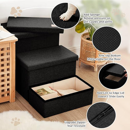 Love's cabin Dog Stairs with Storage, 3 Steps Wider Dog Steps for High Bed 18" H, Foldable Pet Stairs for Small Medium Large Dogs Cats for Bed Couch Car, Ramp with Zip up to 200 lbs, Black