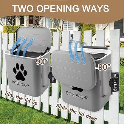 Dog Poop Trash Can Outside Hanging, 2 Gallon Wall Mount Dog Poop Trash Can with Trash Bag Dispenser, Small Pet Waste Bin with Lid, Hanging Pet Waste Disposal Container for Fence, Garbage, Outdoors