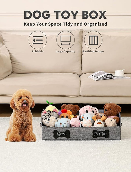 Qozary Large Dog Toy Basket with Diy Tag - Collapsible Dog Toy Bin, Fabric Personalized Storage Box, Trapezoid Storage and Organizer for Pet Supplies (Gray, Medium 27.6"x11.8")