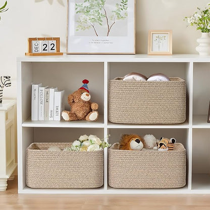 4 Pack Large Storage Basket for Organizing, 17.5"x13"x7" Woven Basket for Shelves, Closet Cube Storage Bins with Wrapped Handle, Cotton Rope Baskets for Kitchen, Clothes, Toys(Natural))