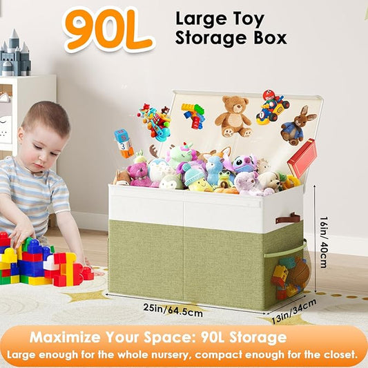 Large Toy Storage Box with Lid Upgraded Toy Storage Chest Organizer with Divider Foldable Toy Bin for Kids Boys Girls Playroom Nursery Bedroom (25"x13"x16")