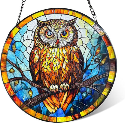 Owl Stained Glass Suncatcher,7.8-in Colorful Bird Window Hanging Ornament for Indoor & Outdoor Decor, Gift for Bird Lovers, Women, Mom, Grandma, Living Room, Garden, Porch, Housewarming