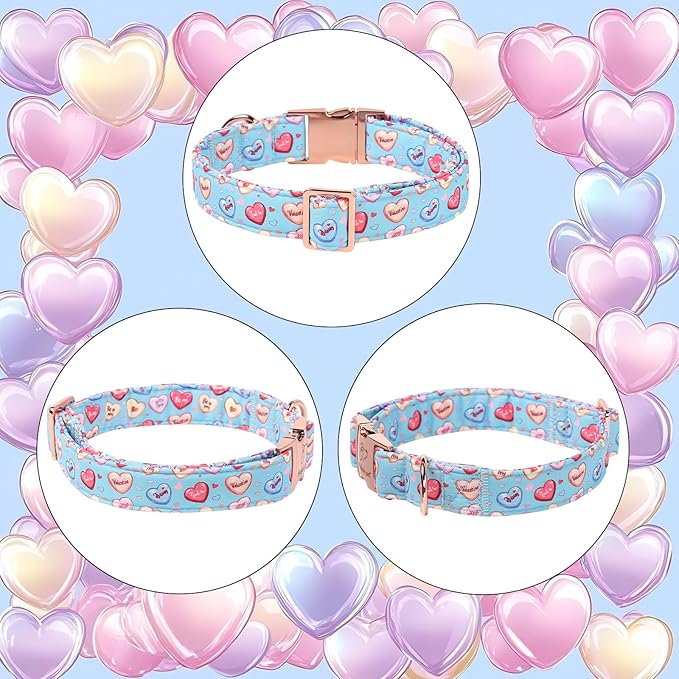 Valentines Dog Collar for Puppy Small Dogs - Cute Blue Heart Pattern Puppy Collar Sweet Valentine Adjustable Heavy Duty Pet Collar with Metal Buckle XS