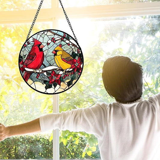 Stained Glass Window Hanging, Love Birds Cardinals Sun Catchers Colorful Glass Panel Birds Suncatcher Decor for Birthday for Women, Men, Wife, Lovers, and Mom 14.9x14.9 in