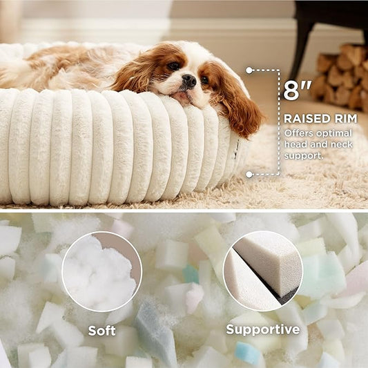 Bedsure ComfyFleece™ Donut Medium Dog Bed - Washable Faux Fur with Corduroy Fleece & Anti Slip Bottom, Round Pet Bed with Removable Cover, Cream, 30x30x8 inches