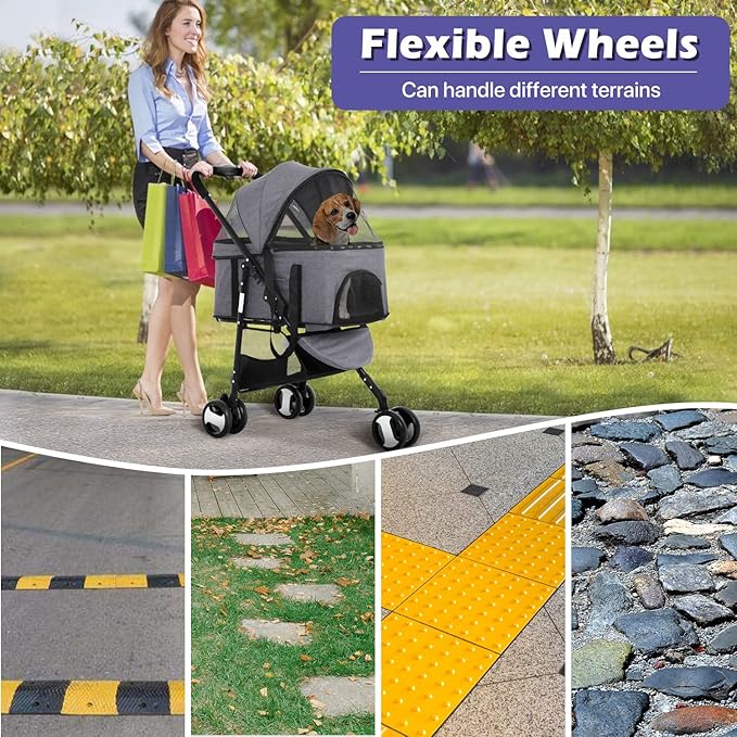 3-in-1 Folding Pet Stroller 3 Wheels Dog Cat Stroller with Detachable Carrier, Grey