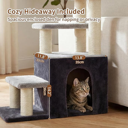 Heybly Pet Stairs for Cats, 29.5 inch High Dog Steps for Small Doggie Rabbits, 9.8''Depth Cat Stairs, Indoor Cat Ladders for High Bed for Pet's Joints, 1 Condo Cave, 6 Sisal Scratcher HSP002SGW