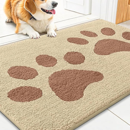 Smiry Dog Door Mat for Muddy Paws, Absorbs Moisture and Dirt, Low-Profile Entryway Mat with Non-Slip Backing, Entry Indoor Outdoor Doormat for Inside Floor (30x20 Inches, Light Beige, Paw)